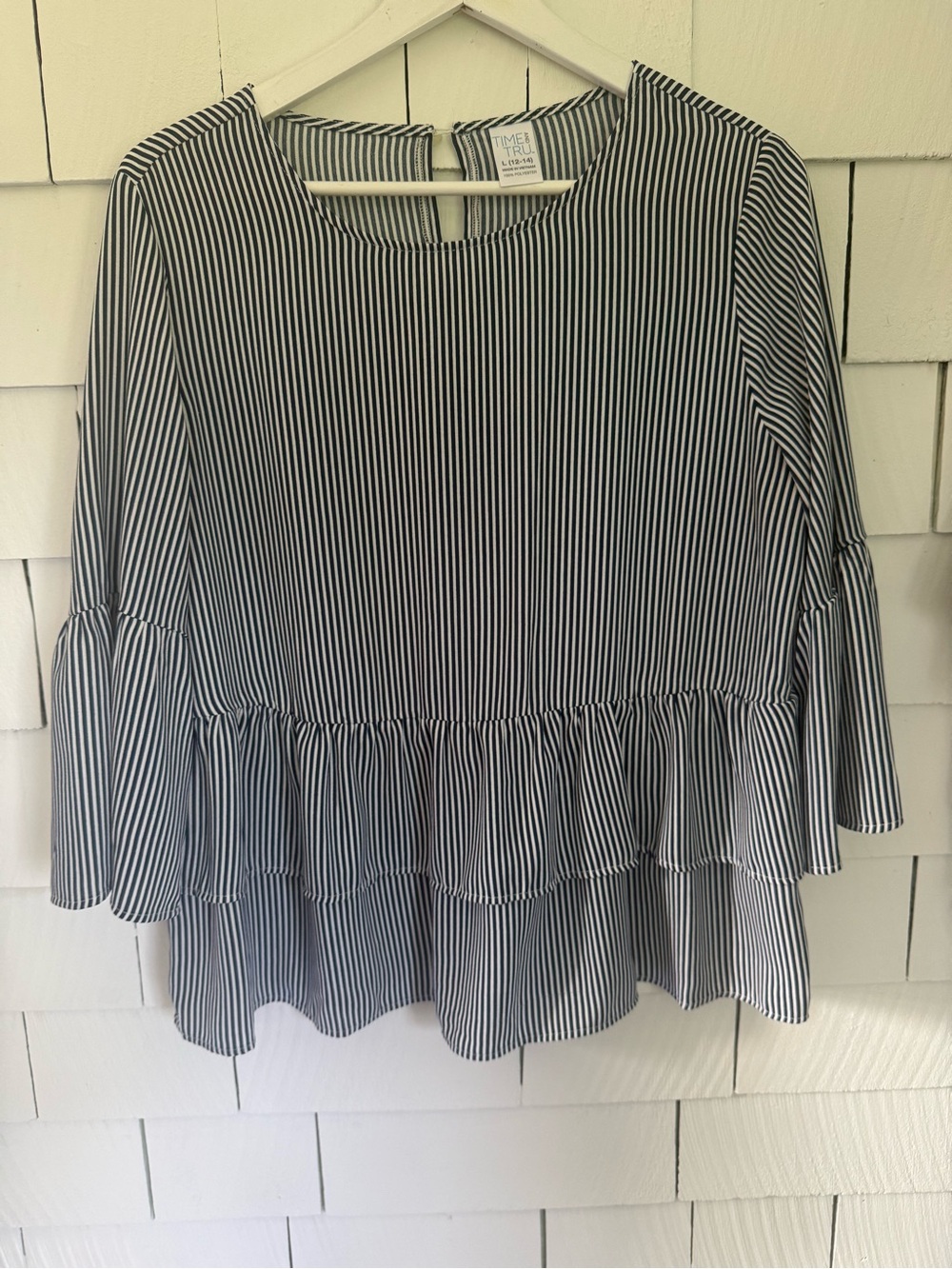 Time and Tru Navy and White Striped Ruffle Hem Blouse-L